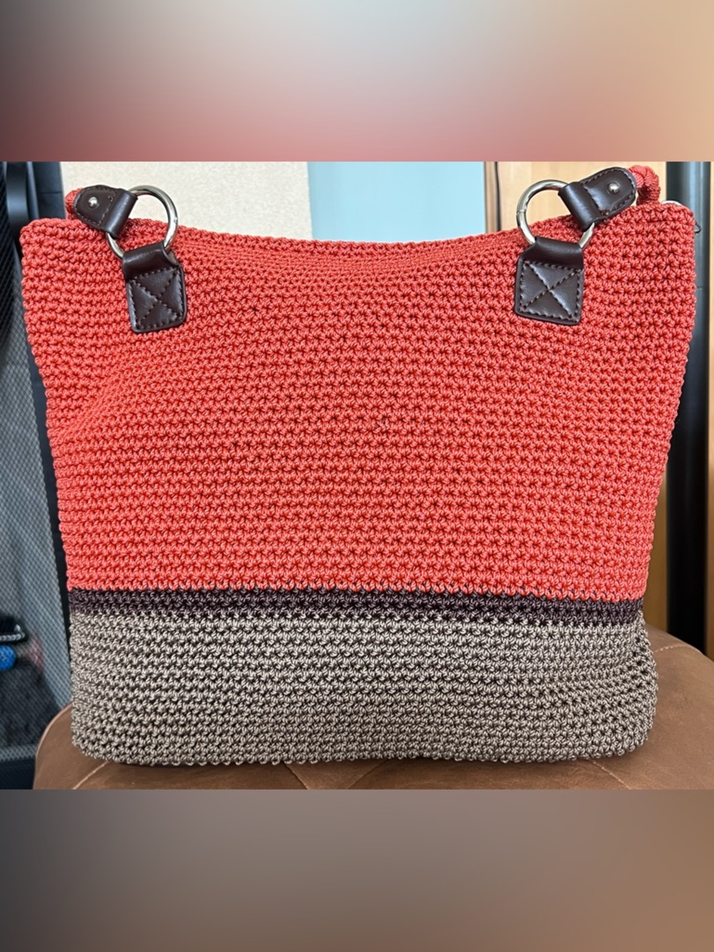 Croft & Barrow Color-Block Crochet Coral Taupe Boho Hobo Shoulder Bag - Picture 2 of 9